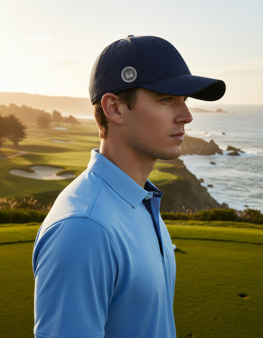 Man in light blue performance golf shirt and navy cap on coastal course, ideal groomsmen gift