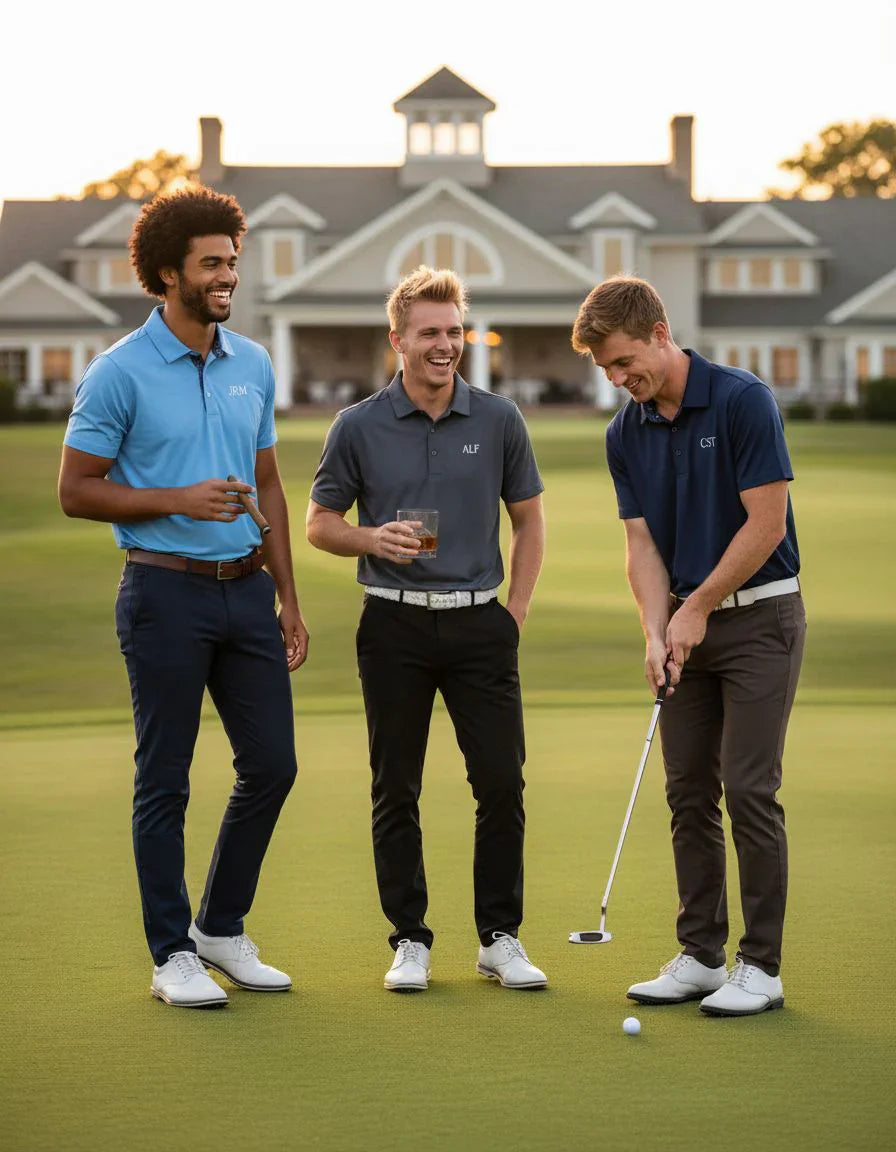 Groomsmen in personalized golf shirts laughing on the course, perfect for wedding parties and casual wear.