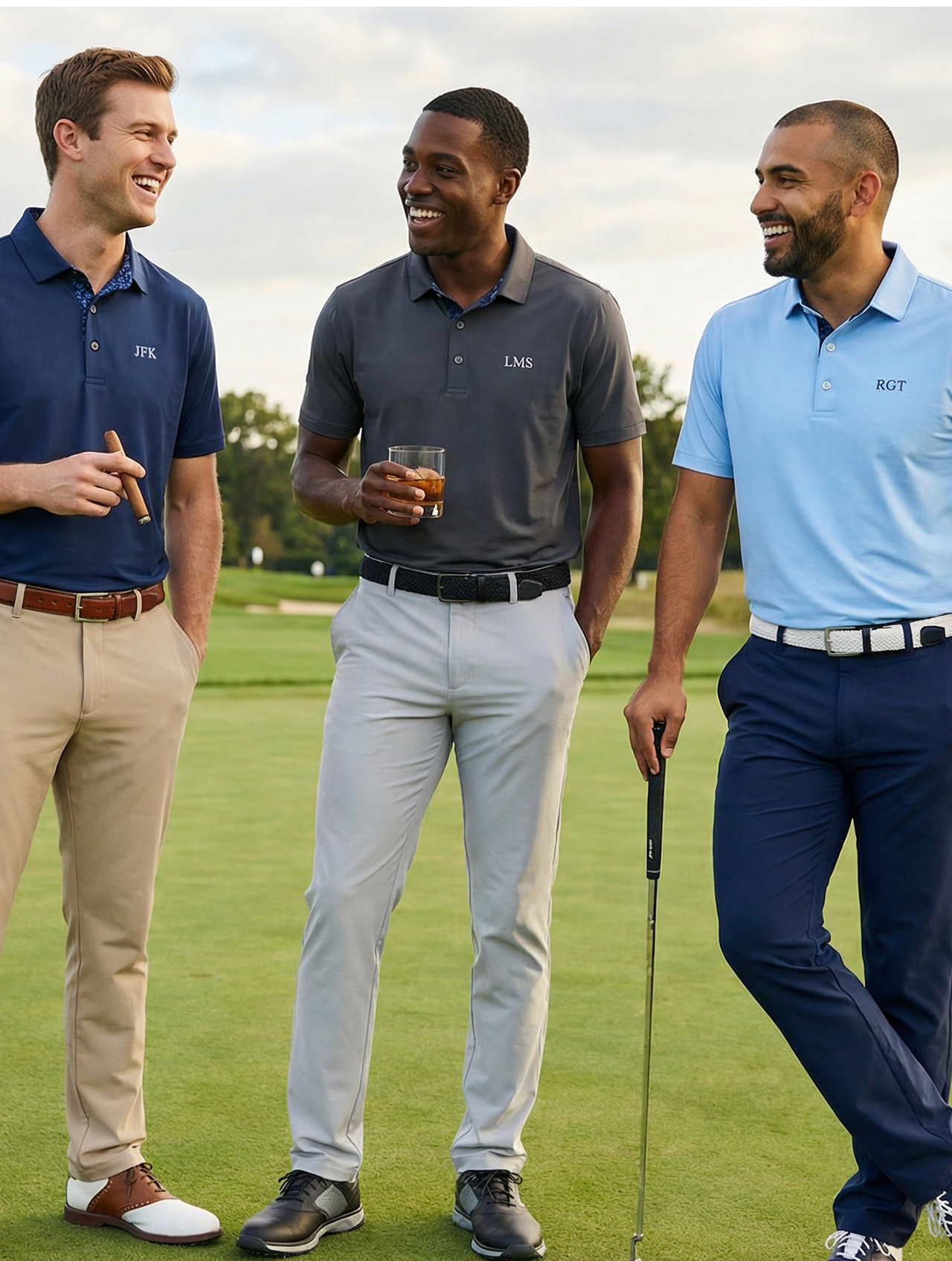 Custom golf shirts for groomsmen, personalized with initials, perfect for wedding gifts and on-course style.