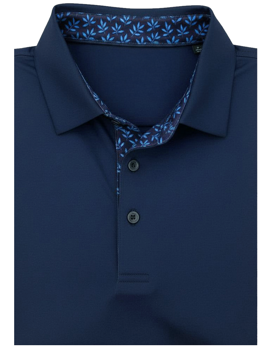 Navy performance golf polo shirt with leaf pattern lining, ideal groomsmen gift for wedding or course wear