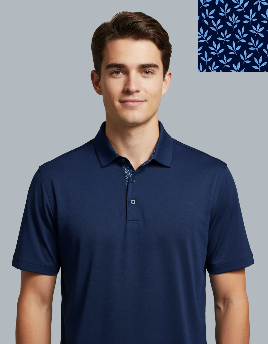 Navy performance golf polo shirt with leaf print inner collar, ideal groomsmen gift for wedding or course wear