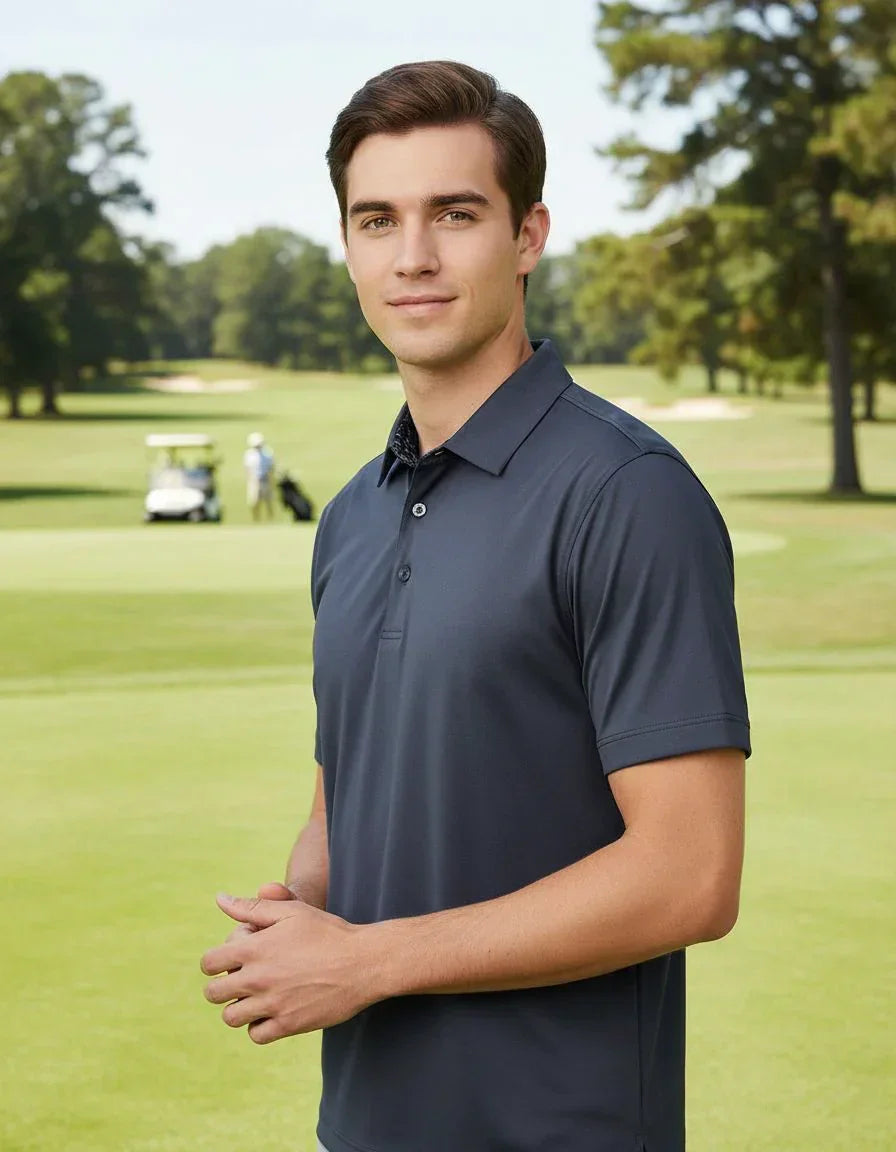 Man wearing navy golf polo shirt on a lush green course, perfect for groomsmen or casual wear.