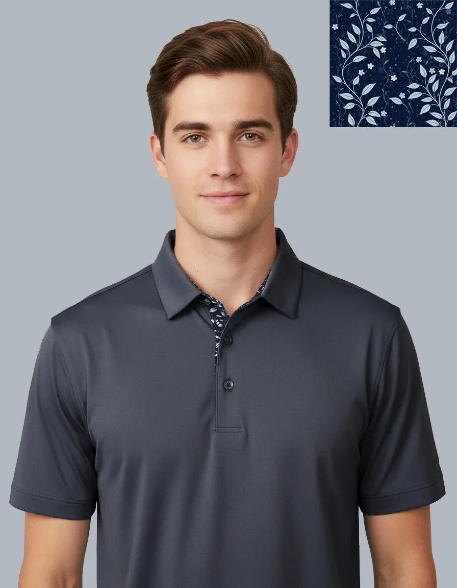 Man wearing dark gray golf polo shirt with floral patterned inner collar, ideal for groomsmen