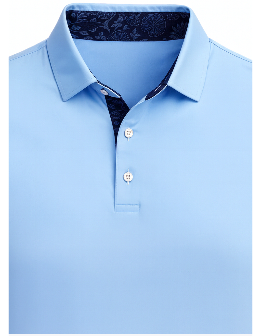 Light blue performance golf polo shirt with patterned inner collar, ideal groomsmen gift for wedding or course wear