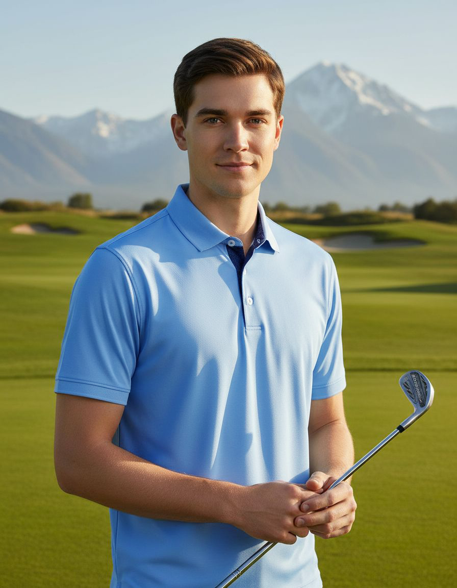 Man in light blue performance golf shirt holding club on course, ideal groomsmen gift for weddings